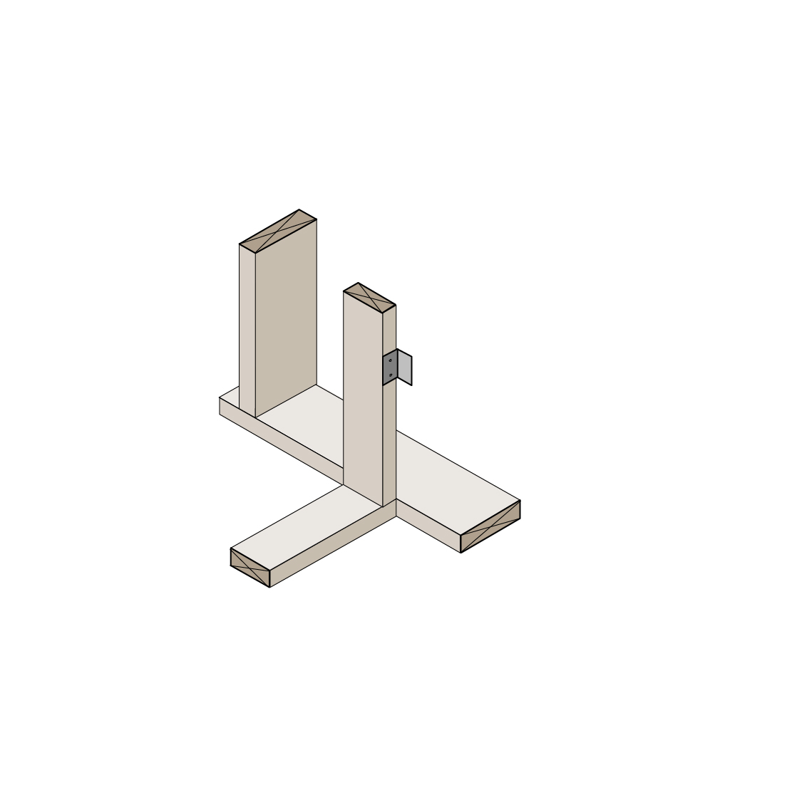 Interior wall attached with top plate metal connector, drywall clips support drywall, side view