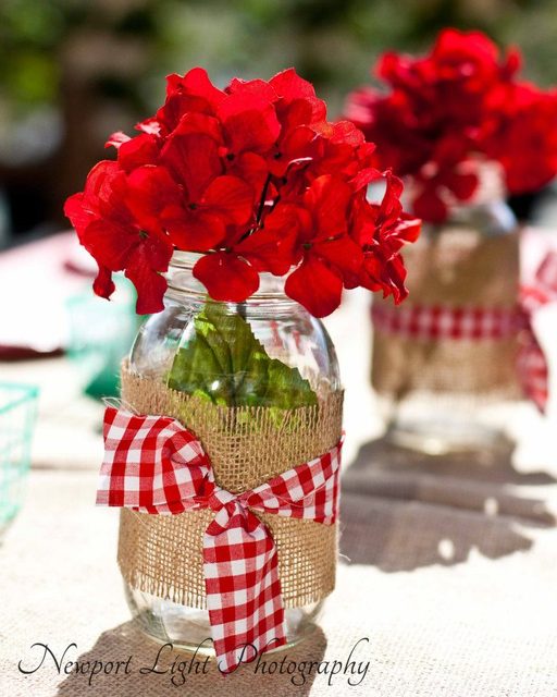 Burlap ribbon mason jars