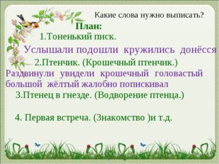 Какие слова нужно выписать? 2.Птенчик. (Крошечный птенчик.) 1.Тоненький писк.