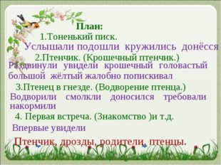 2.Птенчик. (Крошечный птенчик.) 1.Тоненький писк. 3.Птенец в гнезде. (Водворе