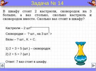 В шкафу стоят 2 кастрюли, сковородок на 3 больше, а ваз столько, сколько каст