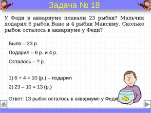 Было – 23 р. Подарил – 6 р. и 4 р. Осталось – ? р. У Феди в аквариуме плавали