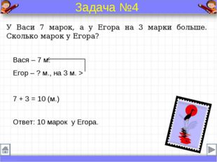 У Васи 7 марок, а у Егора на 3 марки больше. Сколько марок у Егора? Вася – 7