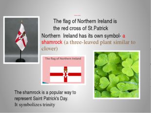 Northern Ireland The flag of Northern Ireland is the red cross of St.Patrick