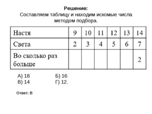 Решение: Составляем таблицу и находим искомые числа методом подбора. Ответ: В