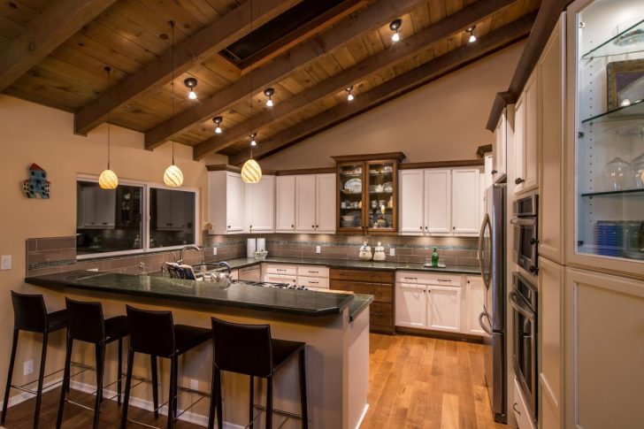 The wooden ceiling in the country style kitchen