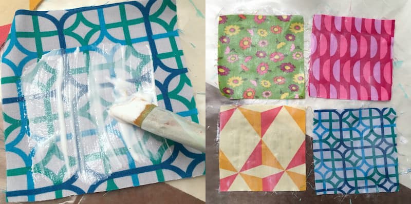 Painting fabric with Mod Podge to prepare to cut