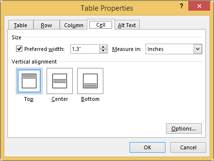 Cell tab in the Table Properties dialog box