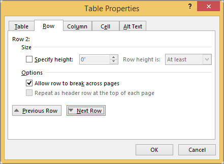 Row tab in the Table Properties dialog box