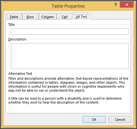 Alt Text tab in the Table Properties dialog box