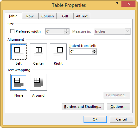 Table tab in the Table Properties dialog box