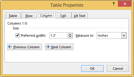 Column tab in the Table Properties dialog box