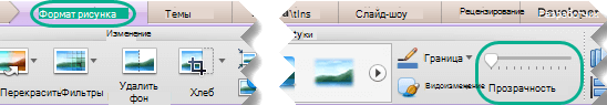 Ползунок "прозрачность" для изображений находится на вкладке "Формат рисунка" при выделении рисунка на слайде