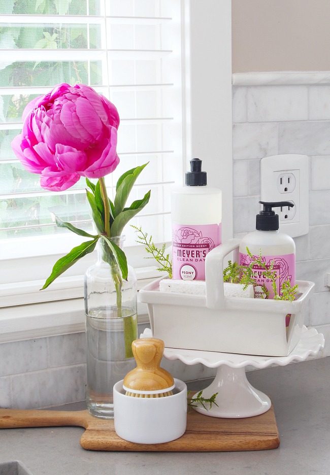 Organized kitchen cleaning items beside the sink on a tray and cake stand.